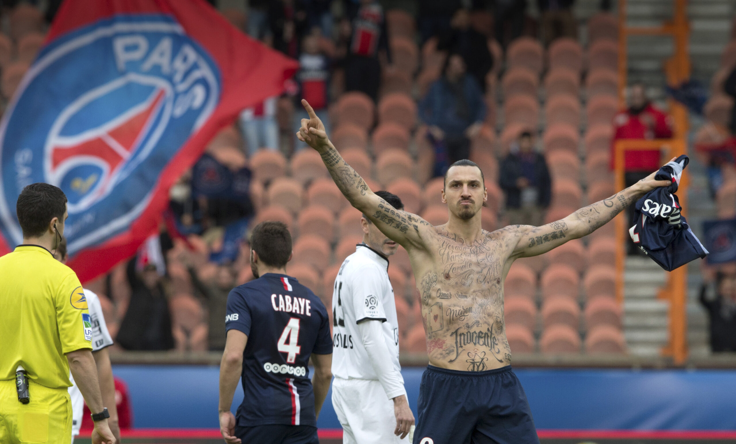 Paris St Germain’s Zlatan Ibrahimovic celebrates after scoring a goal against Caen during their French Ligue 1 soccer match at Parc des Princes stadium in Paris